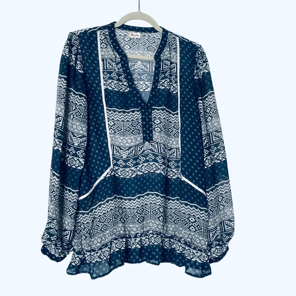 Olsenboye Shear VNeck MultiPattern Ribbon Detail Boho Full Long Sleeve Sz XL